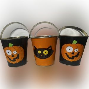 Mini Halloween Tin Pale Handles Jack-O-Lantern Cat Black Orange Set 3 Pieces